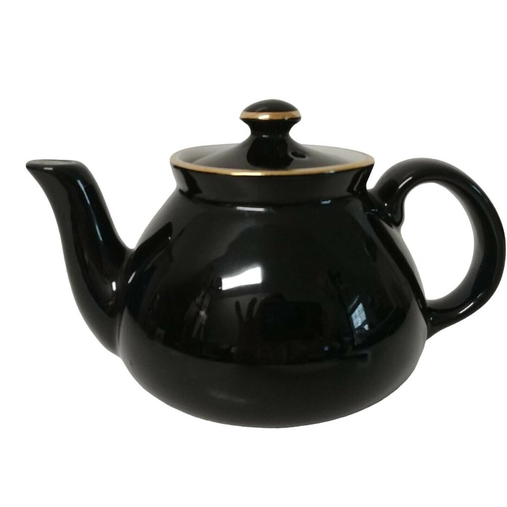 Hall Black and White Tea Pot w/ Gold Trim Single Serve